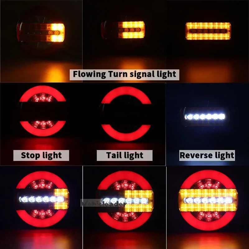 2Pcs 12V 24V Round Tail Light For Truck Trailers Sequential Dynamic Turn Signal LED Brake Reverse Lamp Tractor Van Rear Light