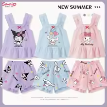 Sanrio Cinnamoroll Kuromi Children's Girl Clothing Set Cartoon Cotton Girls Cute Anime Cartoon Printed Camisole Top+shorts