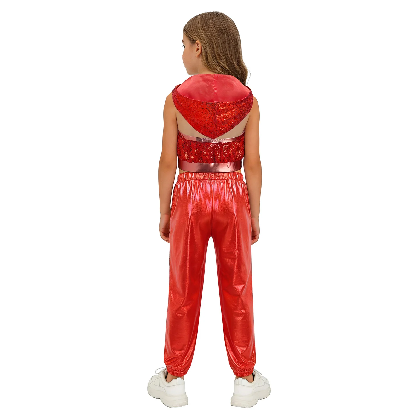 أطفال بنات الهيب هوب ملابس رقص الجاز بلا أكمام عارية الذراعين الجبهة زيبر تألق الترتر مقنعين المحاصيل مع مجموعة سراويل معدنية #2