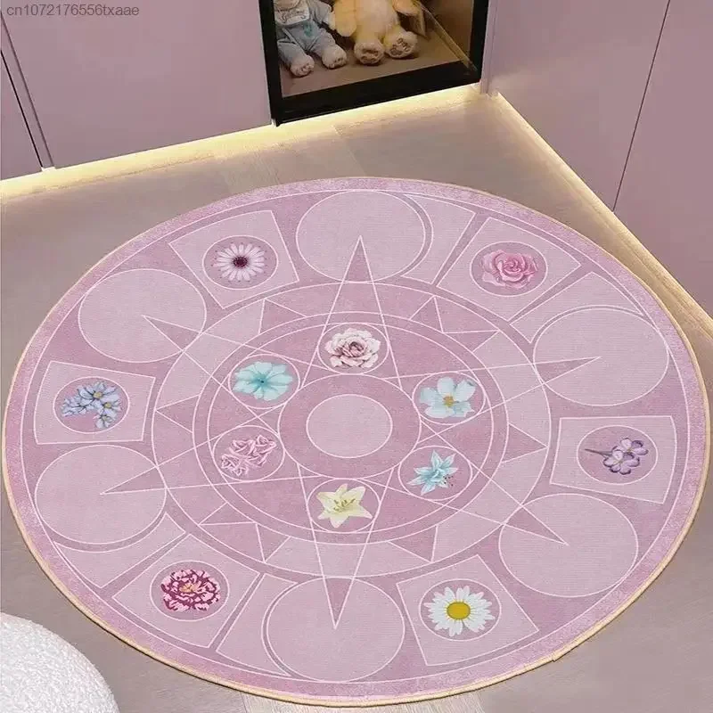 VIKAMA Home Ästhetischer runder Schlafzimmer-Nachttisch, rosa Teppich, Gästezimmer, Prinzessin, Blumen-Bodenkissen, luxuriöse Teppichdekoration für Zuhause