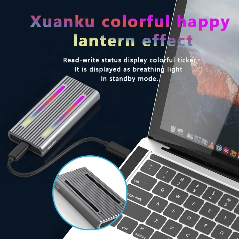 ブルーエンドレス-外部ポータブルエンクロージャー、rgbカラフルライト、デュアルプロトコル、nvme sata、2 in 1 nvmeツール、無料ケース、m.2