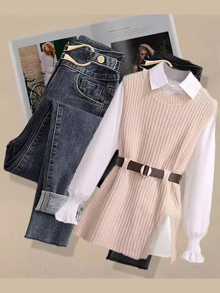 

Slimming Denim Set for Women Ele Sle Age Reduction High Waist Pants Long Sve irt Vest Tee Piece Set Spring Autumn
