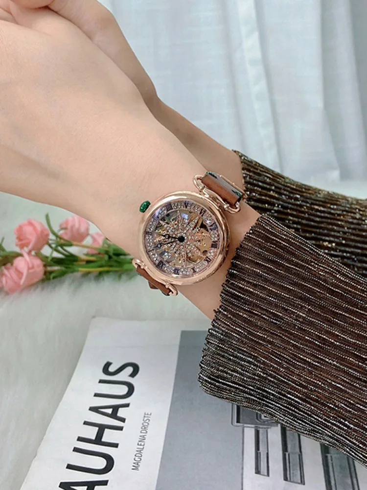 Fashion Womens Watches Brand Ladies Creative Steel Leather Belt Buckle Waterproof Fully Automatic Mechanical Watch