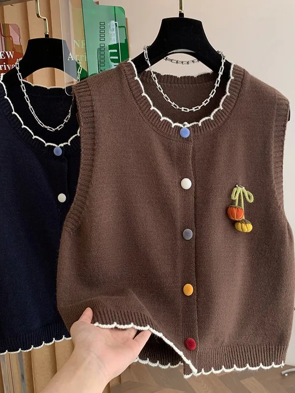 

Korean Sle Knitted Vest Large Size Autumn Winter Outerwear Svel Fruit Patterned Casual Faion Ladies' Jaet