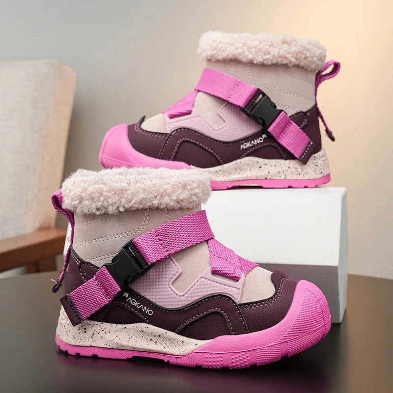 New Kids Winter Fleece Mid-top Cotton Boots Girls Warm Slip-resistant Cotton Shoes Thick-soled Breathable Sneakers Baby Children