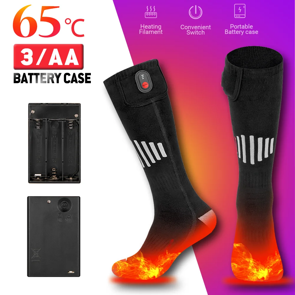 

Winter Heated Socks With Battery Case Warm Socks Motorcycle Heated Boots Snowmobile Skiing Sock Controllable Buttons