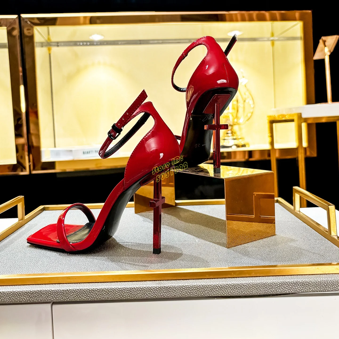 

Cross Metal High Heel Sandals Patent Leather Red Black Square Toe Ankle Buckle Strap Runway 2026 Summer Women Dress Shoes