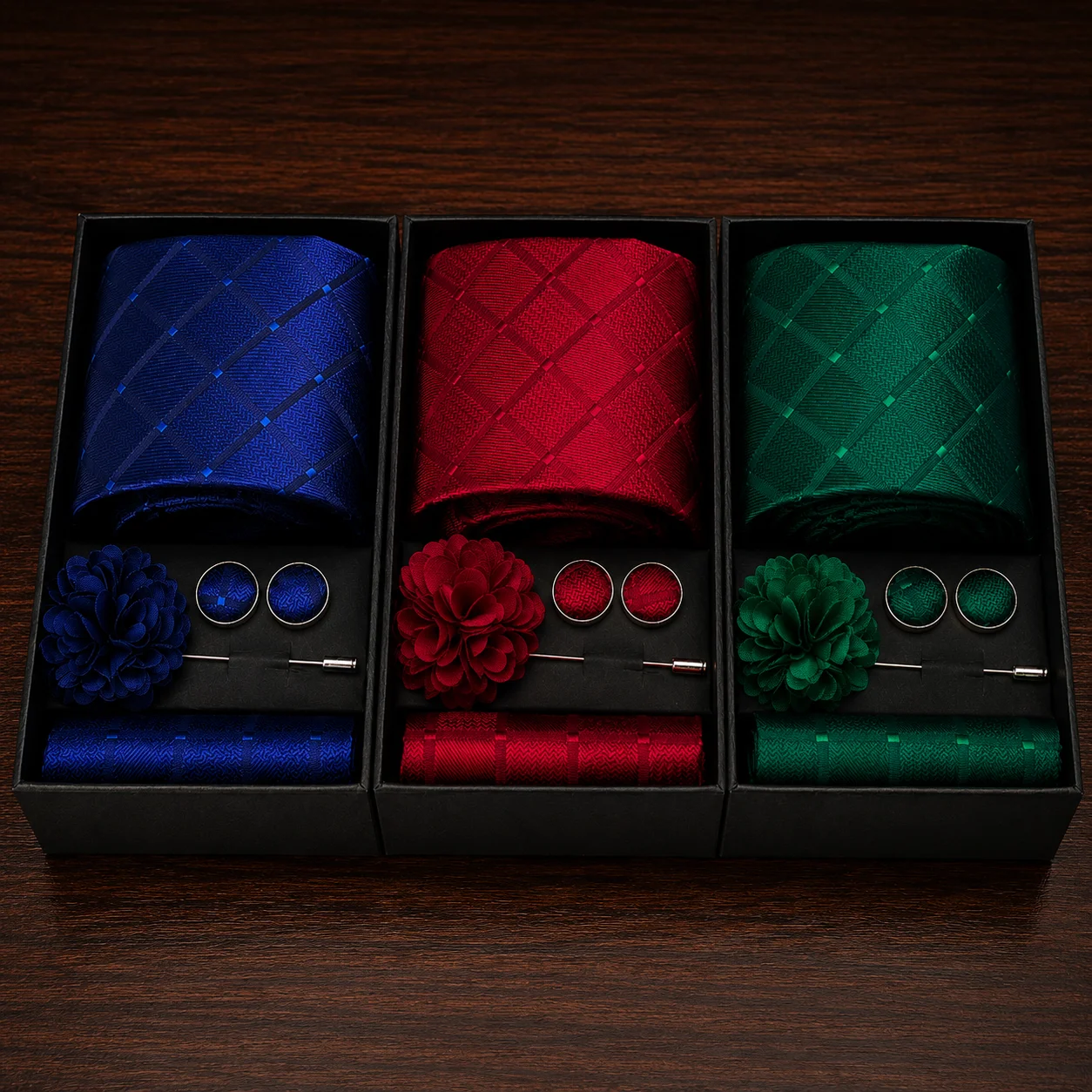 Hot Sale Tie For Mens with Gift Box Set Check NeckTie Set Flower Pin Cufflinks Hanky Wedding Neckties Business Gift Gravatas