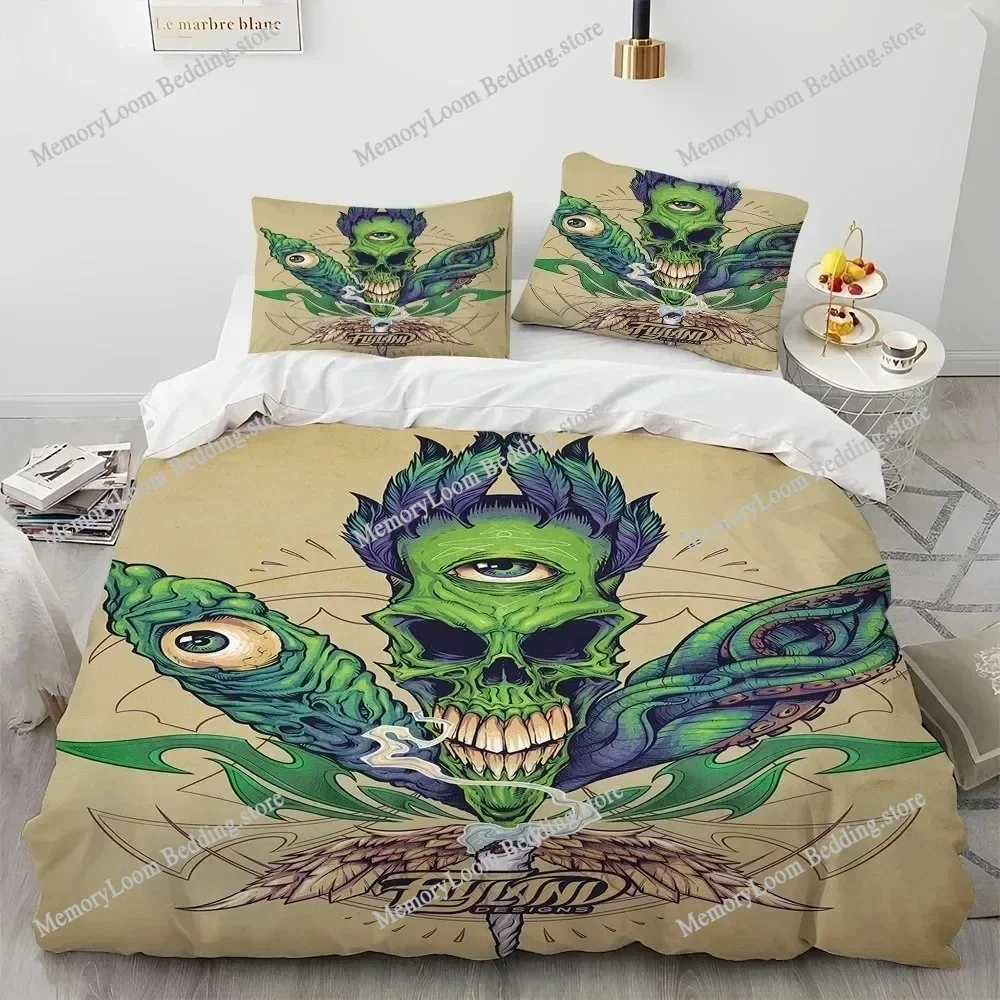Artwork Unique Maple Weed Plant Green Death Skull Smoke Bedding Set Queen/King Size Duvet Cover Comforter Soft Cozy Home Textile