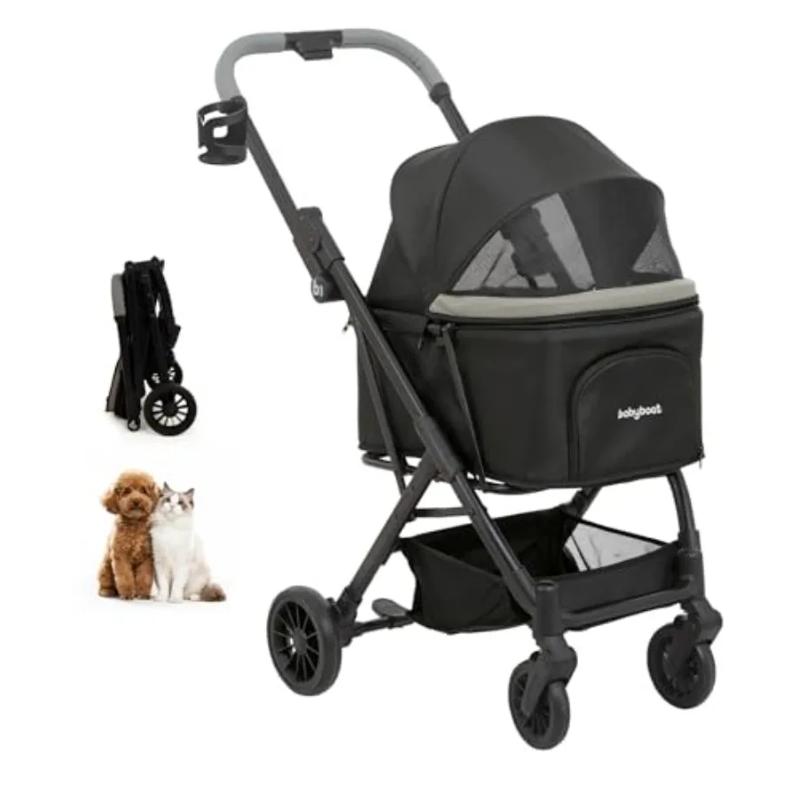 

Foldable dog stroller for small dogs and cats: black, lightweight polyester, one-click folding, convertible canopy, storage bas