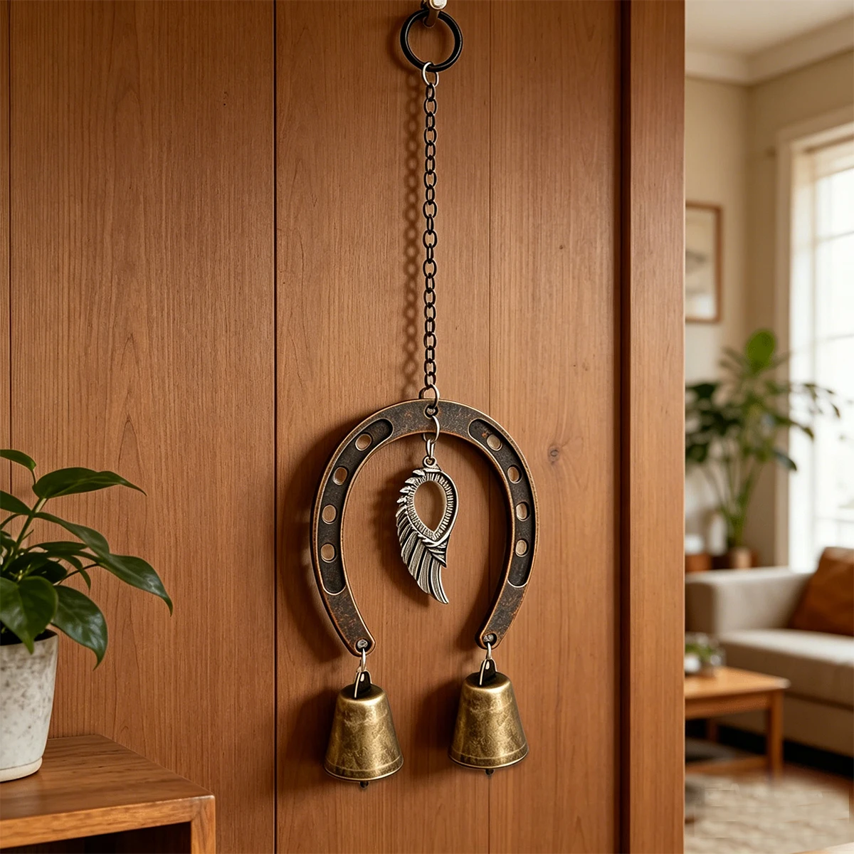 1Pc Metal Bell, Good Luck Horseshoe Bell, Vintage Wind Chime That Combines Horseshoe, Wings, and Bell Elements, Home Decoration, Room and Garden Hanging Ornament, Suitable for Valentine's Day, Thanksgiving, Mother's Day, and Other Holidays and Commemorative Gifts.