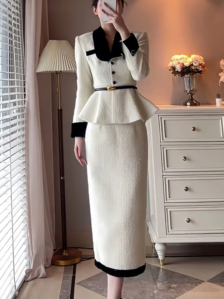 [EWQ] Elegant White Splice Lapel Single Breasted Long Sleeve Contrasting Belt Women\'s Ruffle Coat Skirt Two Pieces Set 16U6144