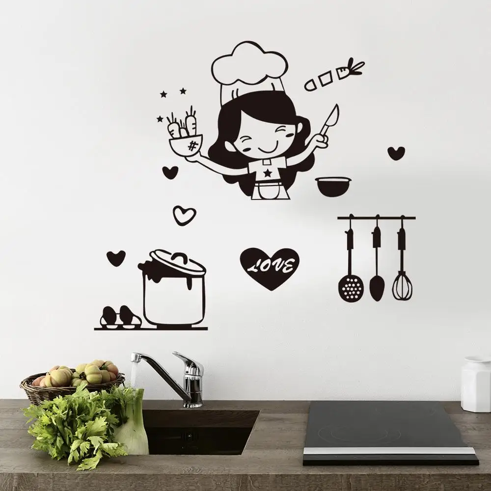 Happy Girl Chef Loves Cooking Wall Sticker Restaurant Bar Kitchen Dining Room Fridge Light Switch Decal DIY Art Home Decor