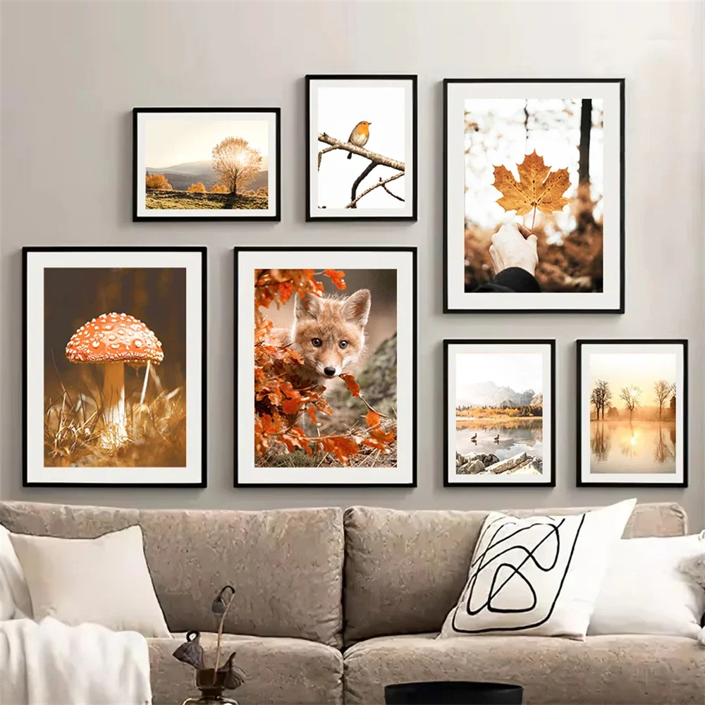Autumn Landscape Sunset Lake Bird Tree Leaves Wall Art Canvas Painting Fox Print Posters Nordic Wall Pictures Living Room Dec