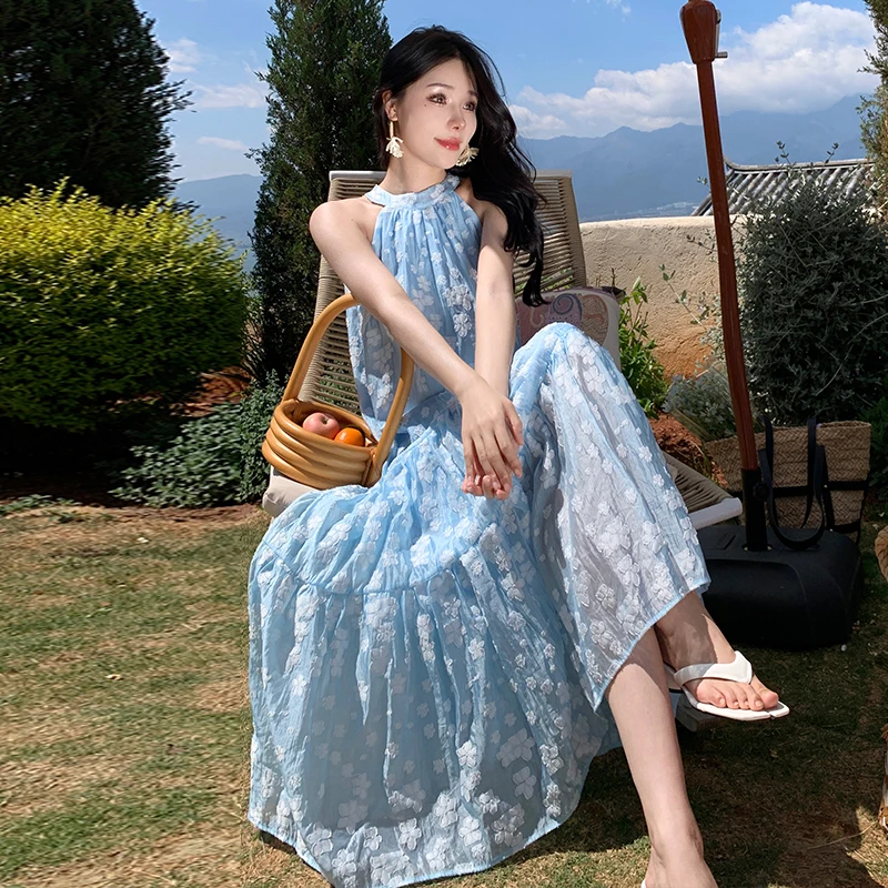 Ele Blue Floral Ricamo Off-oulder Svel Long Dr per le donne Summer Vaion Beach Holiday Gonna gonfia