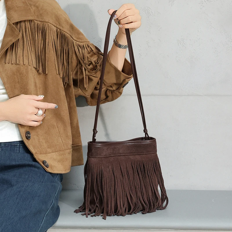 Women Genuine Suede Cowhide Fringe Bucket Crossbody Bag Matte Nubuck Leather Tassel Mini Shoulder Handbag Retro Messenger Purse