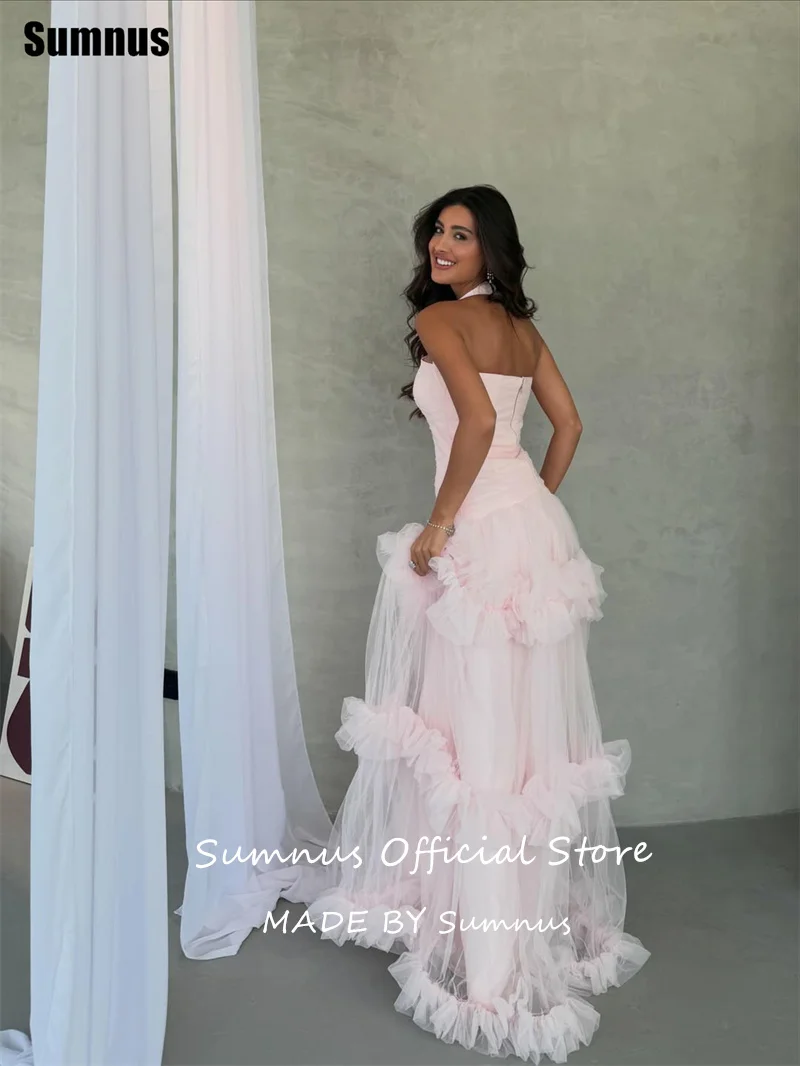 Sumnus Elegant A-Line Evening Dresses Pink Halter Ruched Ruffle Maxi Prom Dress Draped Birthday Princess Dress 2026 Customized