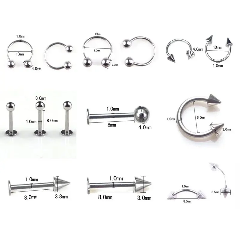45/80/110Pcs Mix Styles Stainless Steel Tongue Eyebrow Belly Nose Ring Ear Cartilage Tragus Body Piercing Jewellery Without box