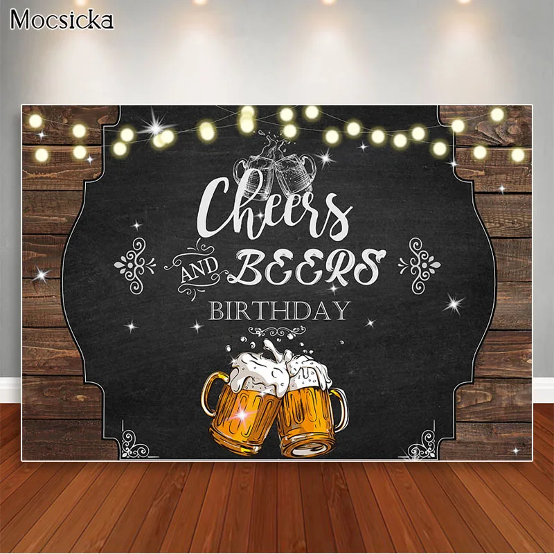 Toile de fond de photographie Cheers and Beers, décorations de fête joyeux anniversaire, bannière rustique, fond en bois scintillant, accessoires photo