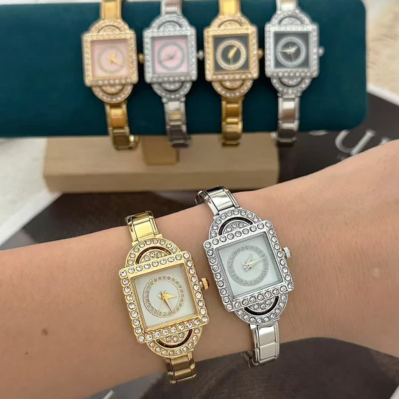 Y2K Italian Elastic Charm Stainless Square Zircon Watch Bracelet Women's DIY 9MM Bangle For Party Friend Birthday Jewelry Gift
