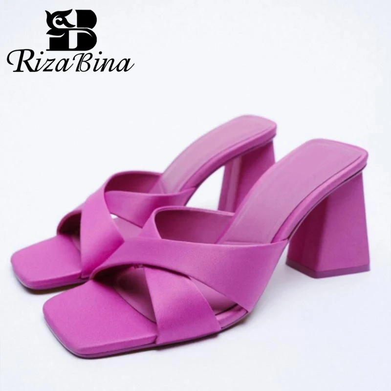 

RIZABINA Fashion Women High Heel Sandals Square Toe Thick Heel Summer Slip On Slippers Female Party Club Ladies Casual Pumps