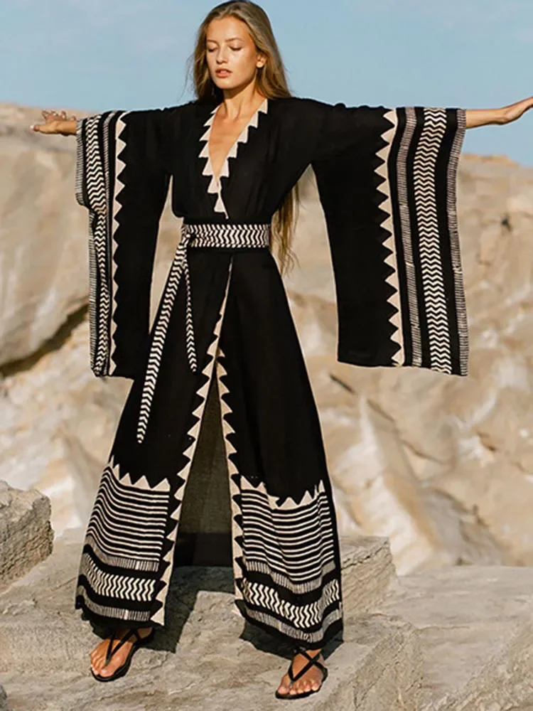 Bikini Cover Up Women Beach Cover-Ups Contrast Color Long Sleeve Summer 2025 New Fashion Lace Up Female Holiday Beachwear