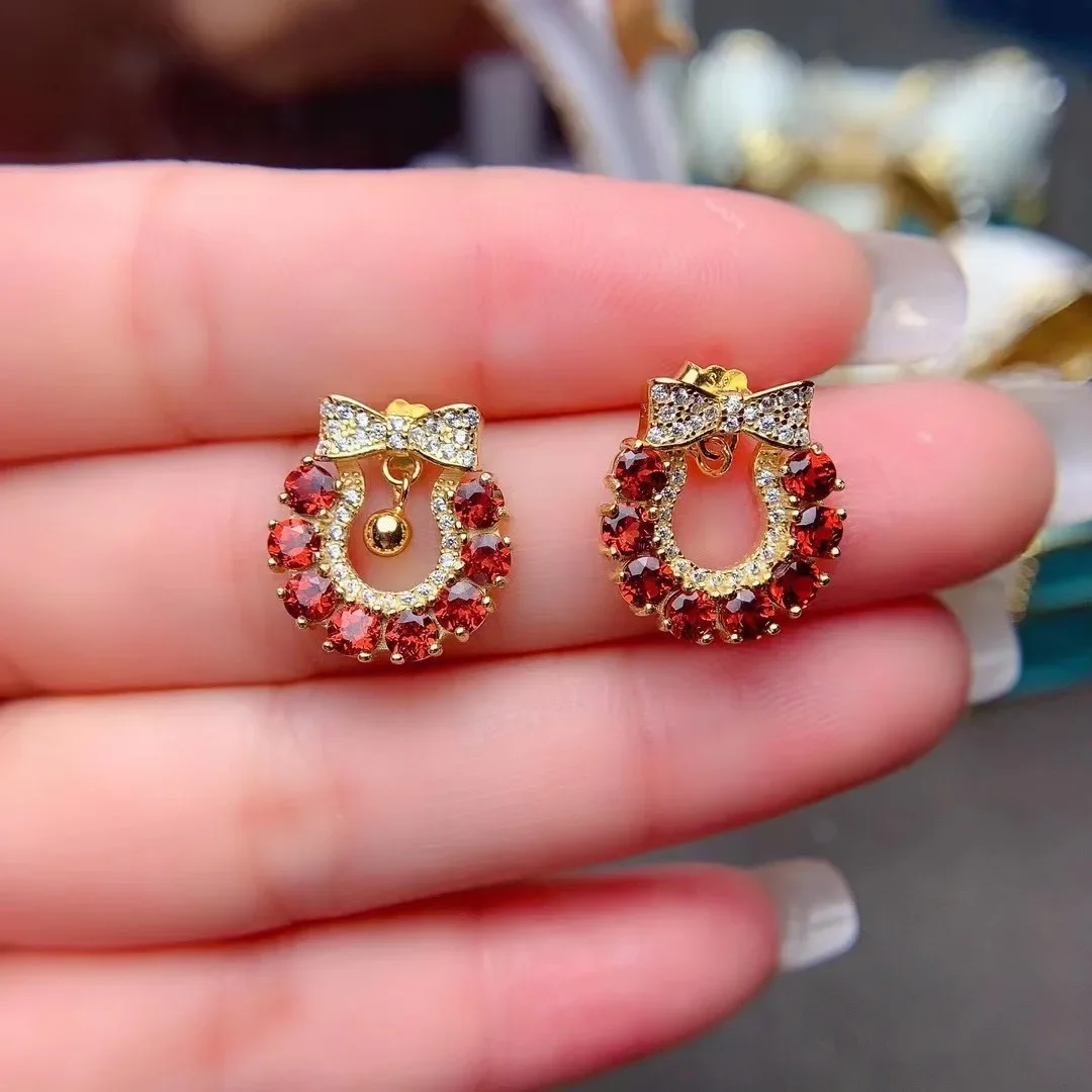 Elegant Sterling Silver Garnet Stud Earrings for Party 3mm Total 1.6ct Natural Garnet 925 Silver Earrings with Gold Plating