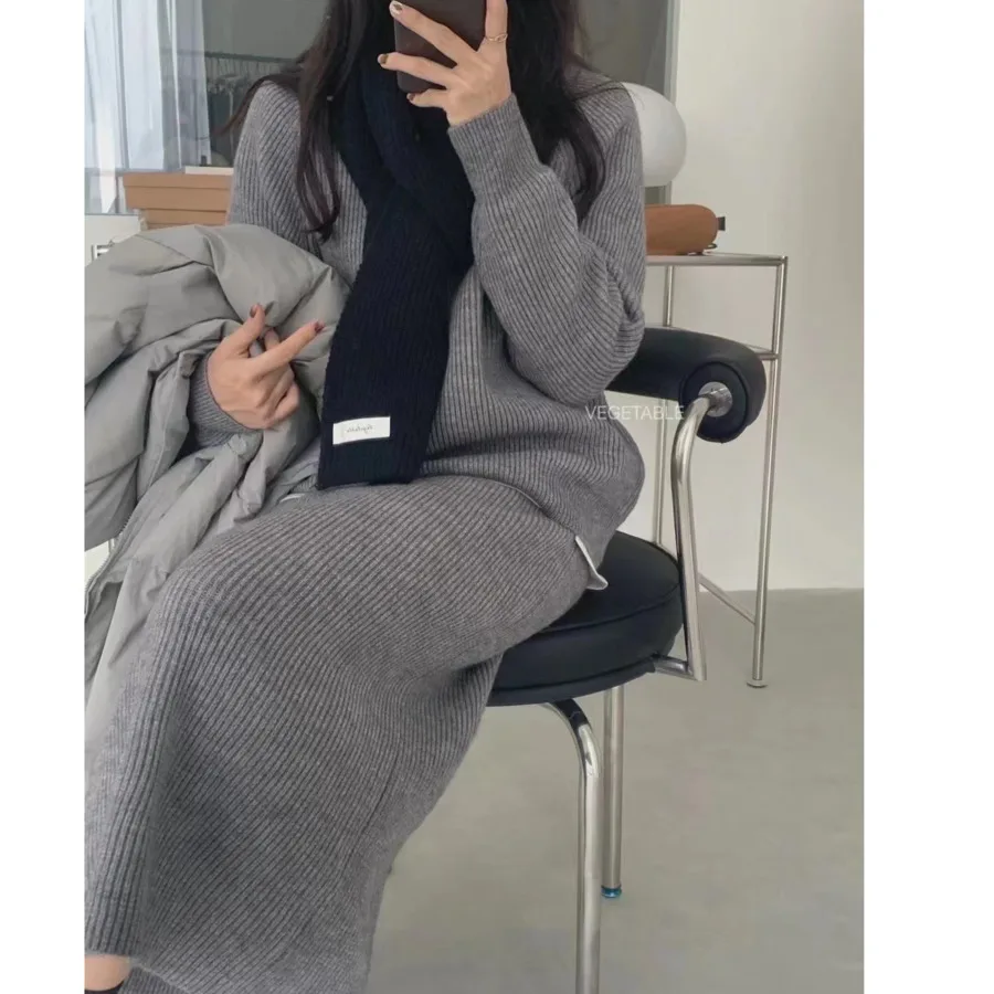 Office Ladies Elegant Solid Knitted Skirts Sets For Women Pullover Loose Knit Sweater+high Waist Skirt Two Pieces Set Knitwears