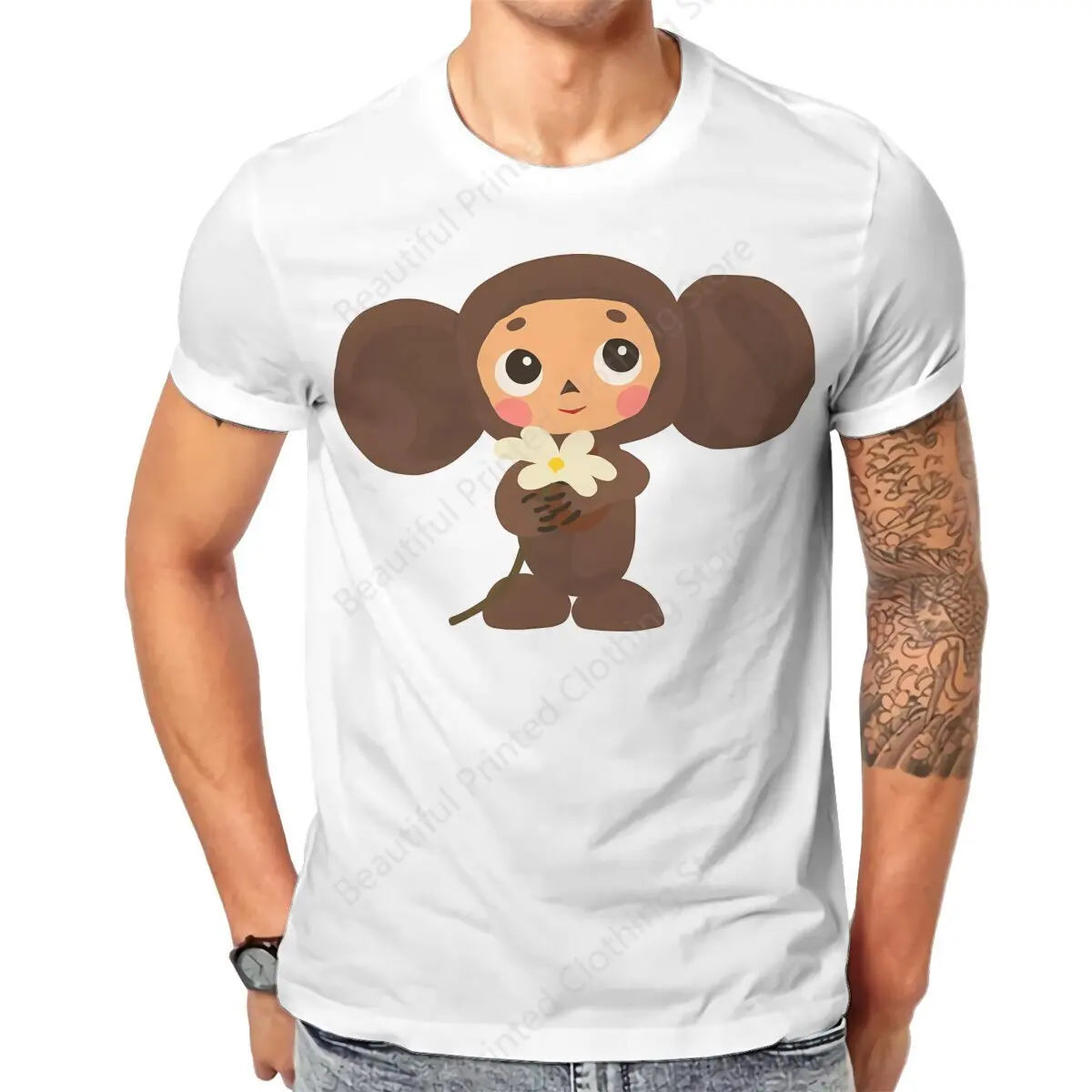 

Футболка Cheburashka для мужчин и женщин, свободная дышащая хлопковая Футболка с забавным принтом русского мультфильма, с круглым вырезом