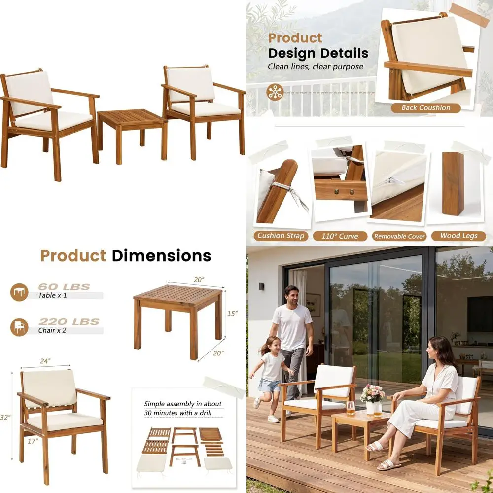 3-Piece Acacia Wood Outdoor Patio Furniture Set with Coffee Table and Cushions for Balcony, Porch, Deck, or Backyard