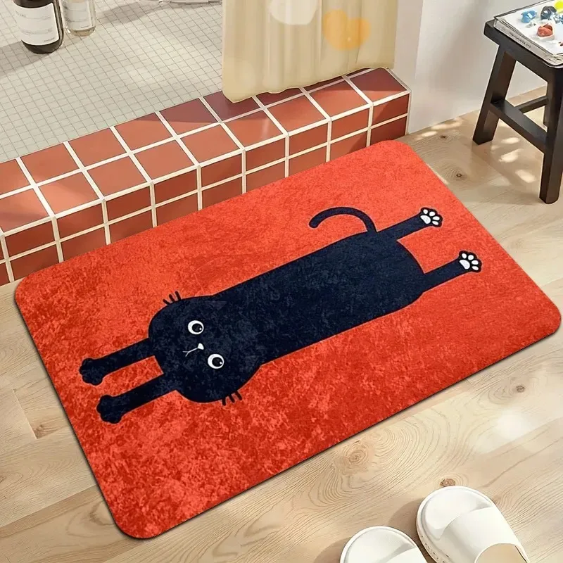 1pc Black Cat Doormat – Playful Feline on Red Background for Indoor Outdoor Use Carpet