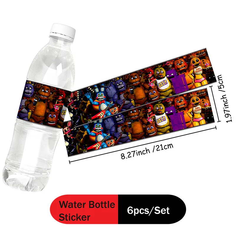 6 قطع من ملصقات FNAF لزجاجات المياه، خمس ليالٍ في زينة عيد ميلاد فريدي لمستلزمات حفلات الهالوين