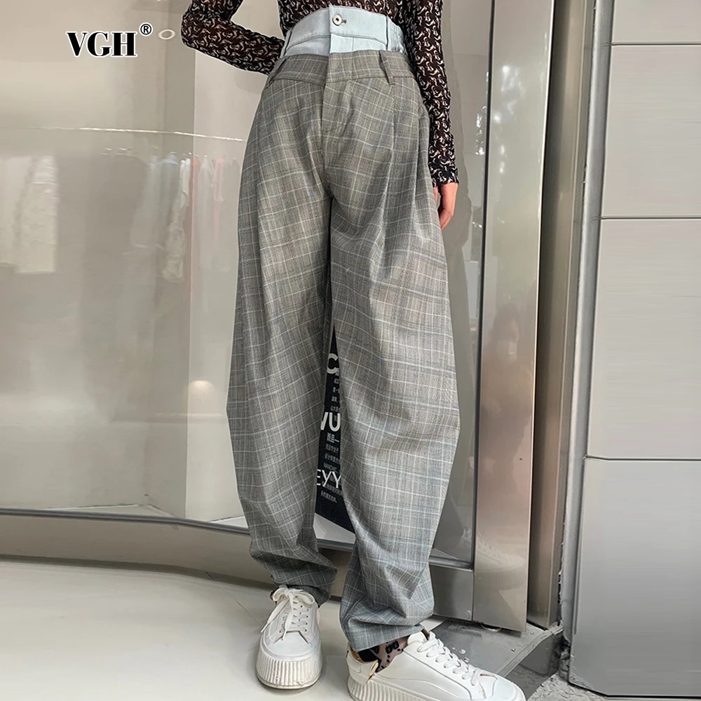 

VGH Colorblack Patchwork Denim Casual Trousers For Women High Waist Spliced Pockets Minimalist Loose Long Pants Female Fashion