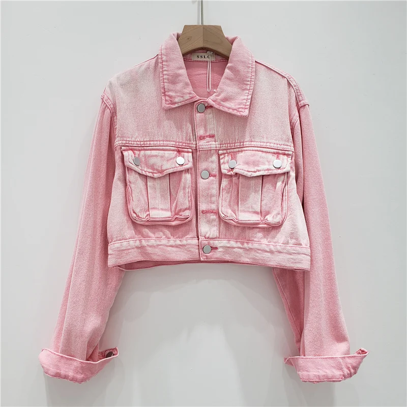 Spring New Women Vintage Short Denim Jacket Casual Lapel Single-breasted Long Sleeve Pink Khaki Jeans Jacket Coat Chaqueta Mujer