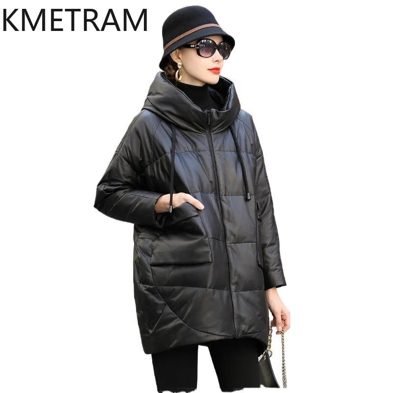 KMETRAM Genuine Sheepskin Down Jackets Women Hooded Casual Loose Puffer Jacket Winter Mid-Length Coat 2026 Woman Clothing 가죽자켓