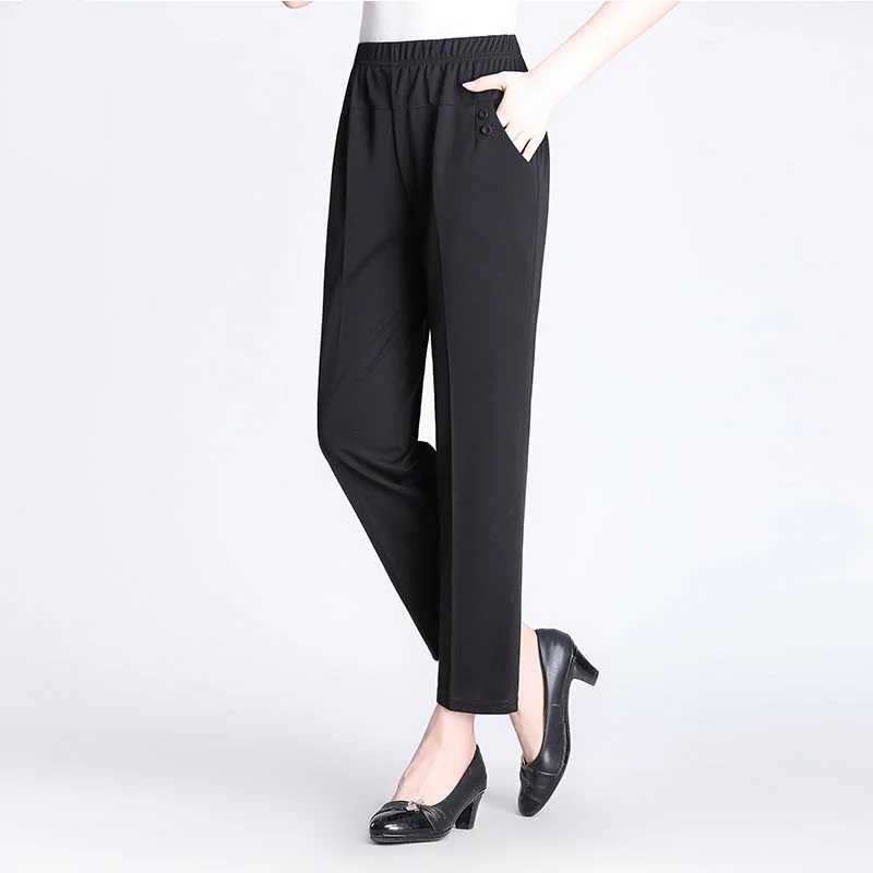 2023 New Spring and Summer Fashion Trend Solid Color Simple Casual High Waist Button Pocket Middle and Old Age Women's Pants