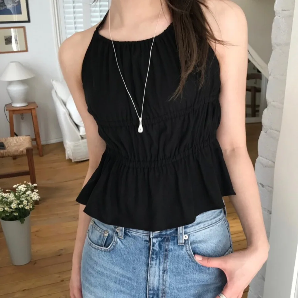 

Women's Chic Korean Design Sensation Spring Summer New Sle Vest Strapl round Ne Svel Top Folded Faionable