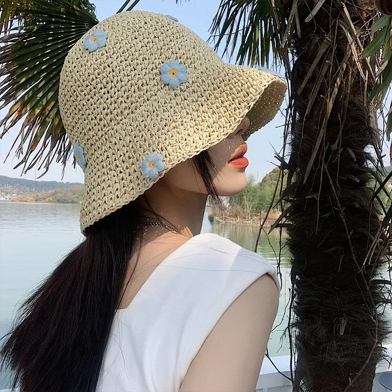 

Summer Small Fresh Flowers Foldable Fisherman Hat For Women Vacation Style Travel Sunshade Hollow Dome Handmade Straw Hat