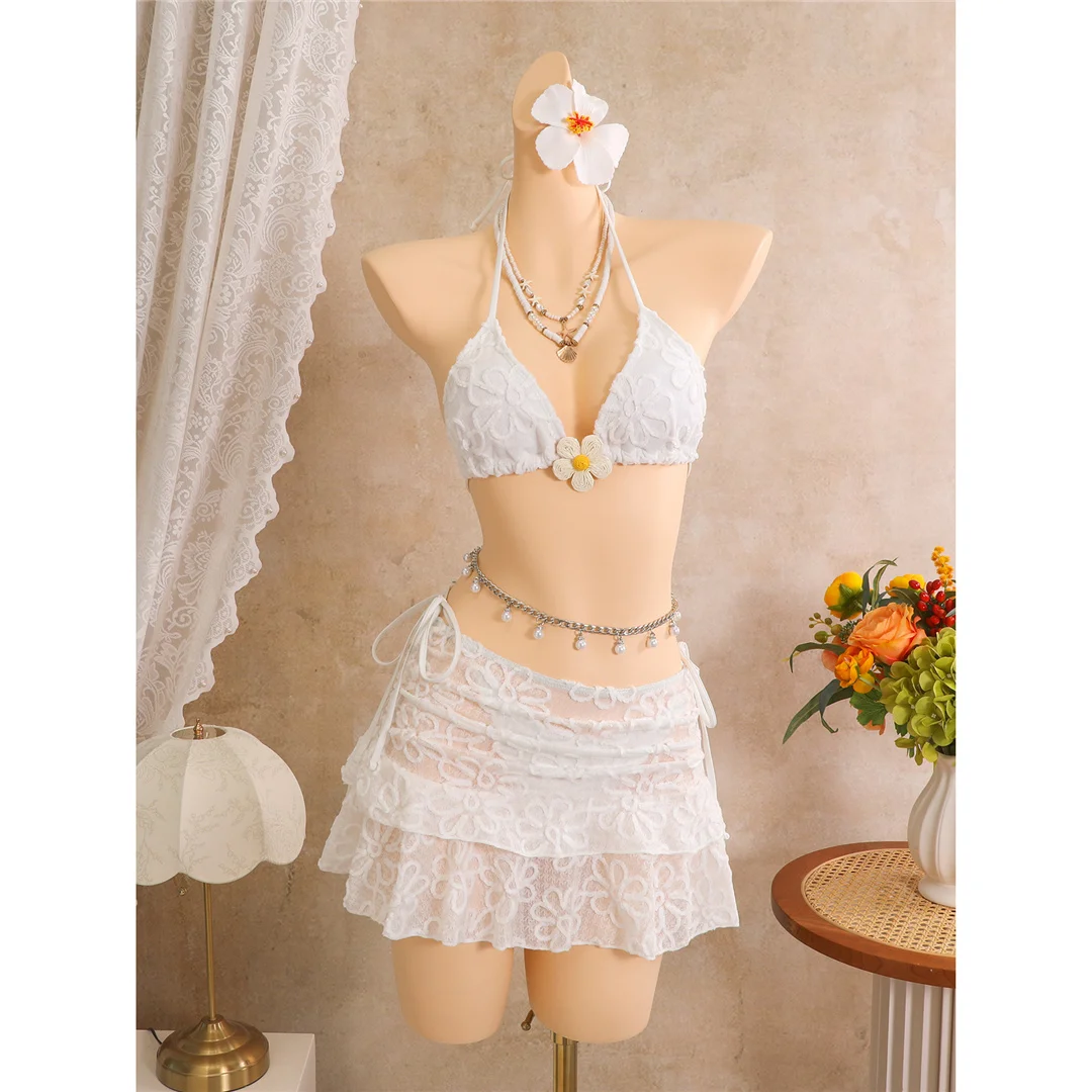 Mit Rock, Blumenmuster, Neckholder-Bikini, Damen-Badebekleidung, dreiteiliges Bikini-Set, Badeanzug, Badebekleidung, Schwimmkleidung V8322 – Detail 17