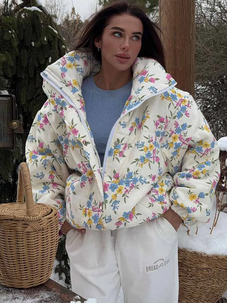 

BKQU толстая теплая куртка-пуховик, женская шикарная куртка с цветочным принтом, свободный воротник-стойка на молнии, хлопковое пальто с наполнителем, осень-зима 202, верхняя одежда