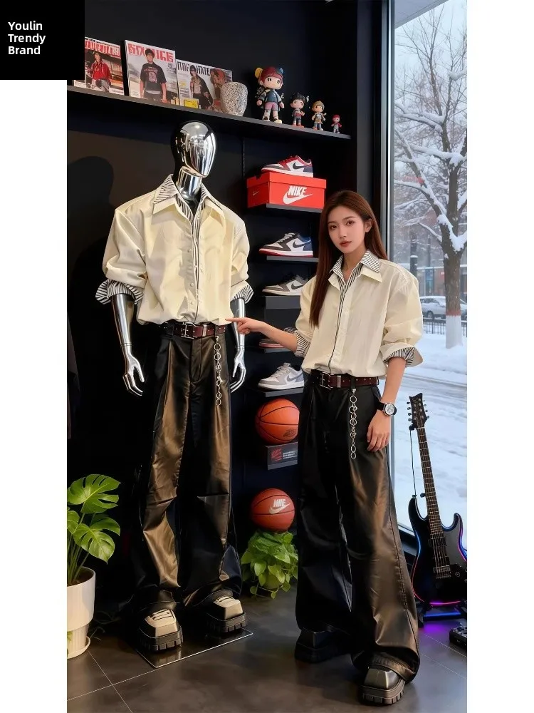 

Белая полосатая мужская рубашка с длинным рукавом, имитация двухслойности, с воротником, в стиле пэчворк, зимняя модная верхняя одежда, молодежный тренд, полиэстер