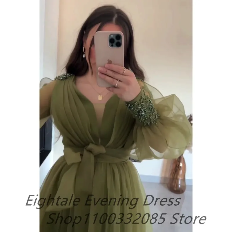 Army Green A Line Evening Dresses For Pregnant Women 2022 Lace Beaded Puff Sleeve Maternity Prom Dress Arabic Formal Party Gown