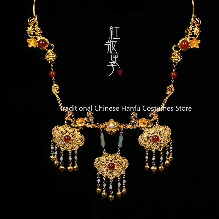 Original Vintage Golden Lock Tassel Necklace Ancient Chinese Style Agate Necklet Traditional Hanfu cheongsam Wedding Accessories