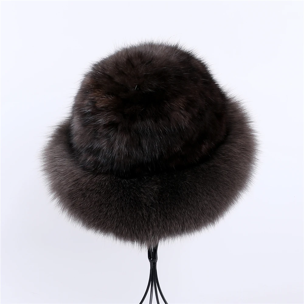 Women's Luxury Genuine Sable Fur Knitted Beanie Hat Bucket Caps Lady Fashion Fox Fur Trimming Mink Fur Hats Warm Soft Fluffy