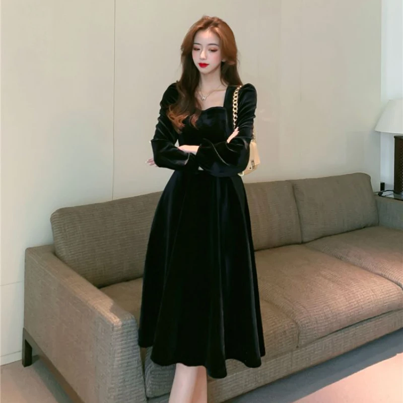 여성용 긴팔 드레스, 스퀘어 칼라, 우아한 프렌치 스타일, 시크한 블랙, 미적 벨벳, 이브닝, 가을, 겨울, 미디