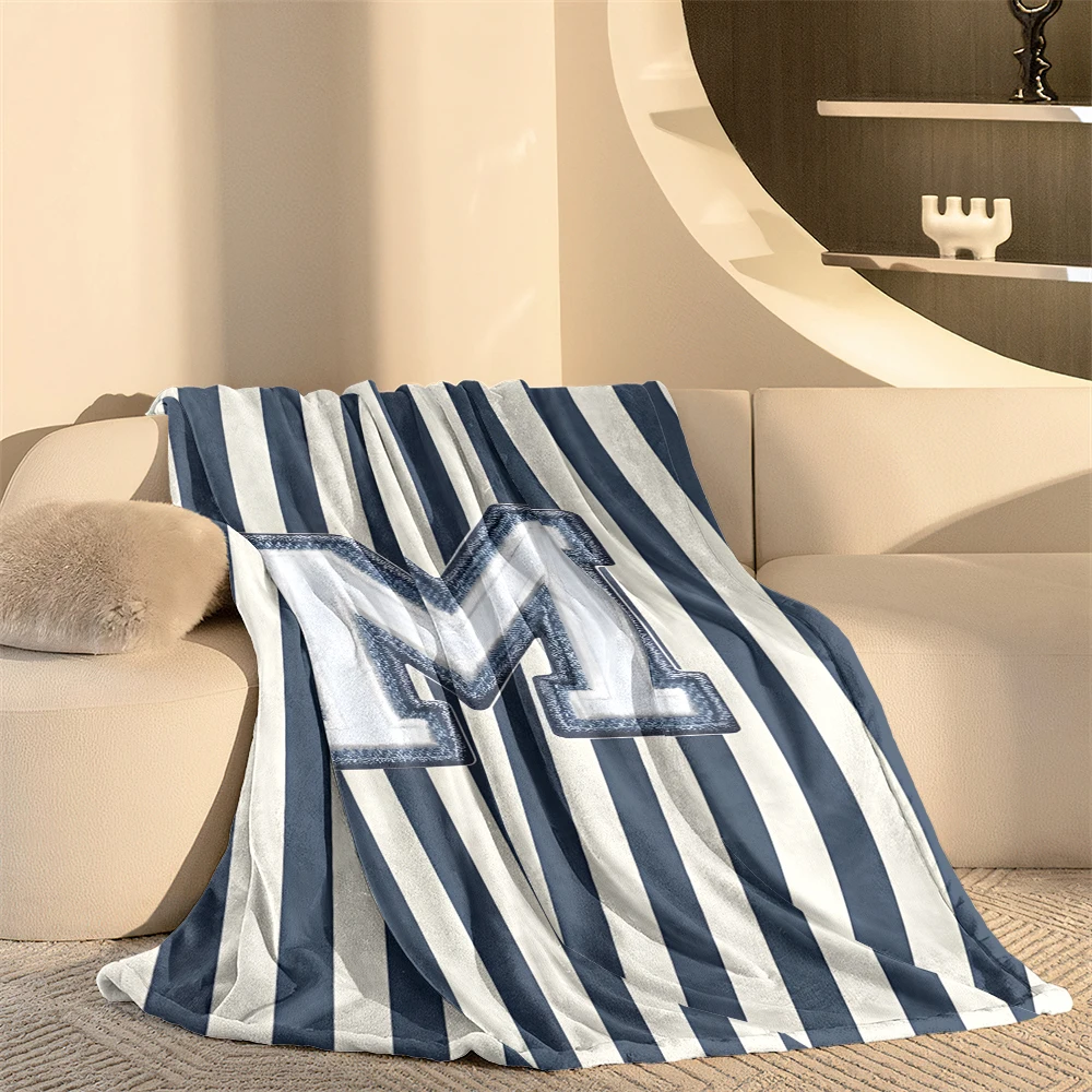 Letter M Stripes Navy Lightweight Flannel Blanket Breathable Cozy Throw Blanket for Spring Summer Sofa Bed Air Conditioning