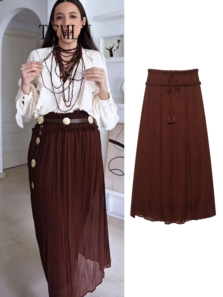 

TFMLN Длинные юбки с эластичной резинкой на талии для женщин Юбка-миди с кисточками на шнуровке Женская длинная юбка для отпуска Свободные женские юбки