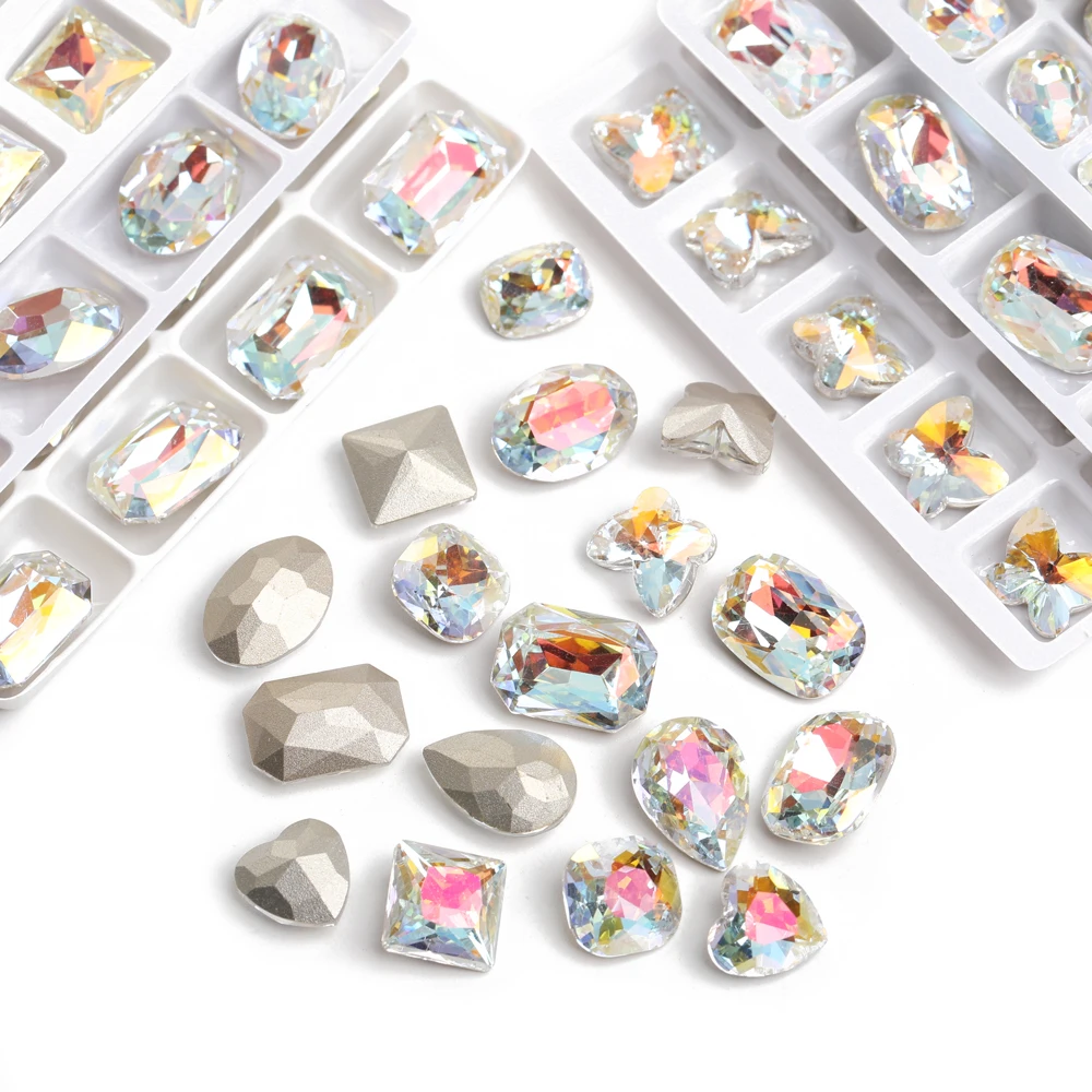 

10pcs Glitter Nail Charms Gem Stones Pointback Drop Square Glass Stones Jewery Making Accessories Glue On Nails Round Crystal