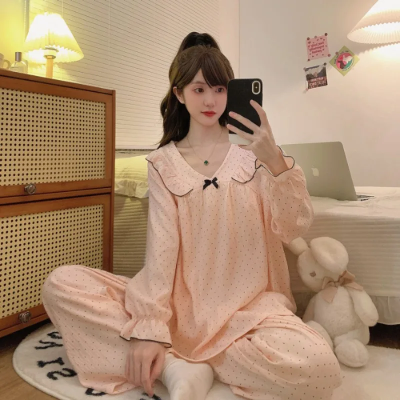 حجم كبير بيجامة الأميرة النساء الربيع طويلة الأكمام ملابس خاصة سترة قطعتين مجموعة ملابس منزلية فضفاضة طالب نمط ملابس المنزل