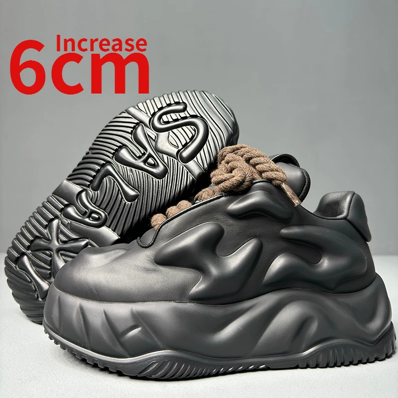 Europe/American 3D Three-dimensional Imprint Design Bread Shoes for Men Increased 6cm Cow Leather Thick Soles Dad's Sports Shoes